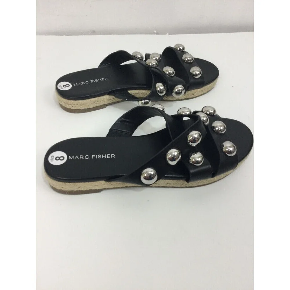Marc Fisher Prisca Espadrille Silver Studded Slip On Slides Sandals Black Size 8